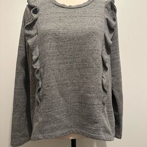 J Crew Mercantile  gray ruffled long sleeve shirt crew neck EUC SZL
